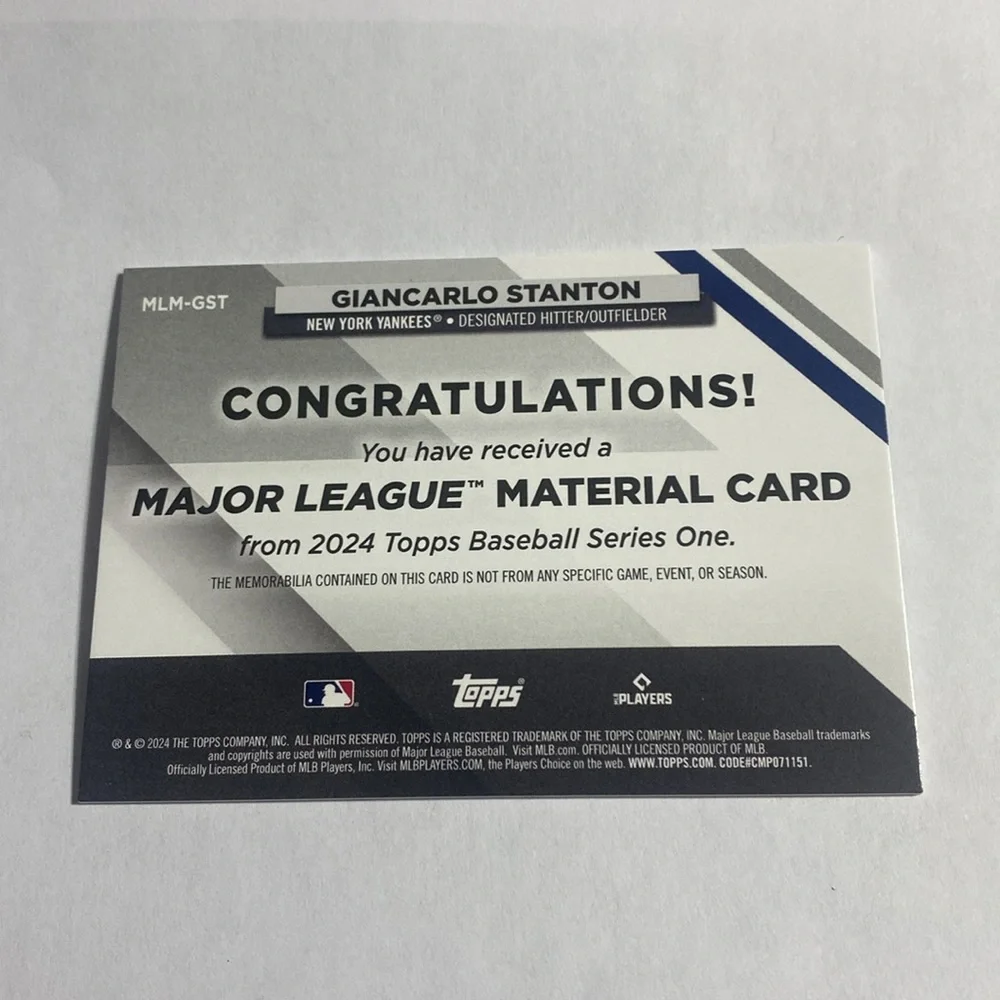 2024 Topps Giancarlo Stanton Yankees Game Used Jersey MLM-GST (053)